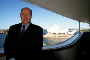 Cunard president and managing director Peter Shanks aboard QM2 in Sydney. Image: Natalie Aroyan