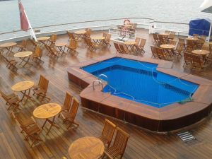 Pool deck awaits passengers in Portland.Image: Cruise & Maritime Voyages
