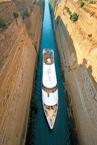 The Moana sails through the Corinth Canal. Photo Credit: Paul Gauguin Cruises